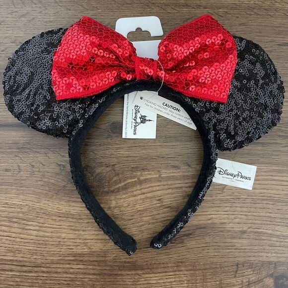 Disney Black Sequin Minnie Ears with Red Bow - Picture 1 of 2